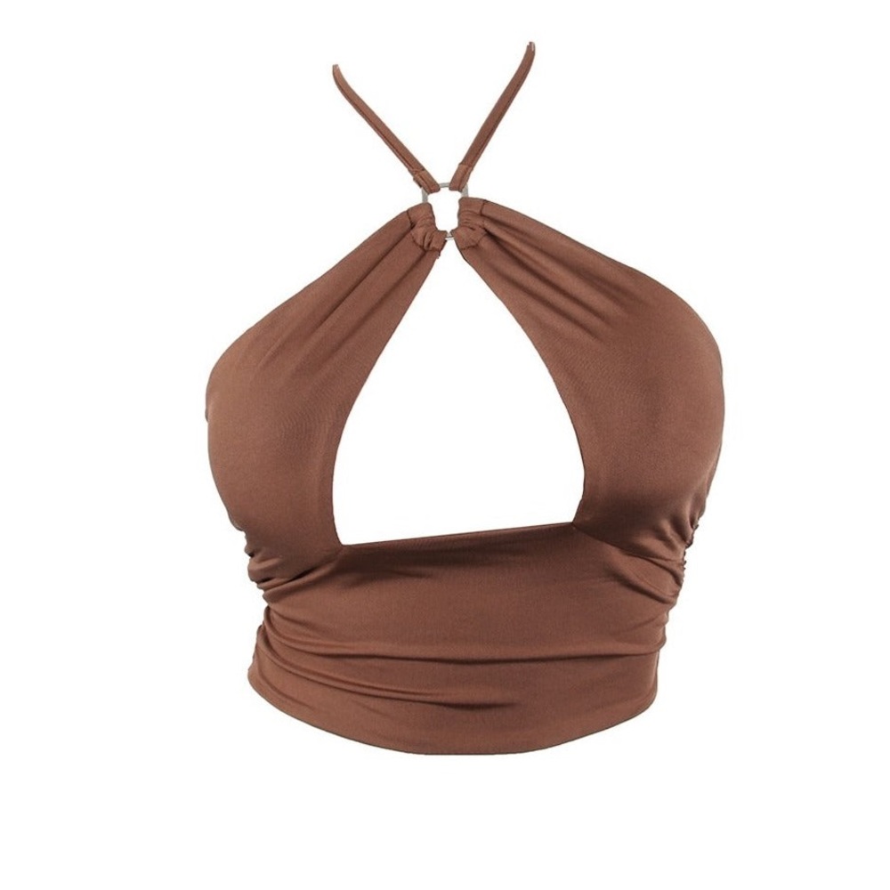 New Arrival: Brown Halter Neck Tie Crop Top - Double Layered